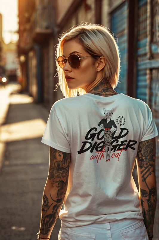 Unleash your playful side with our "Gold Digger with Cat" Typography Quote Design T-Shirt!