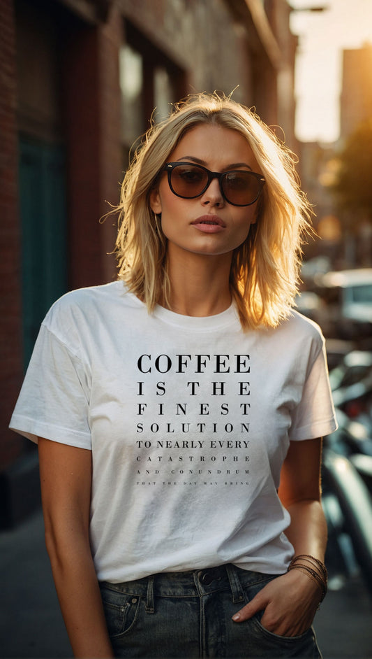 "Coffee is the finest solution to nearly every catastrophe and conundrum that the day may bring" Women's T-Shirt