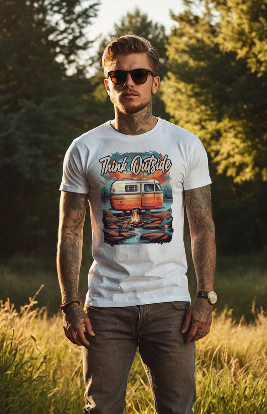 "Think Outside" - Adventure Van Life Retirement Travel Camping Essential T-Shirt