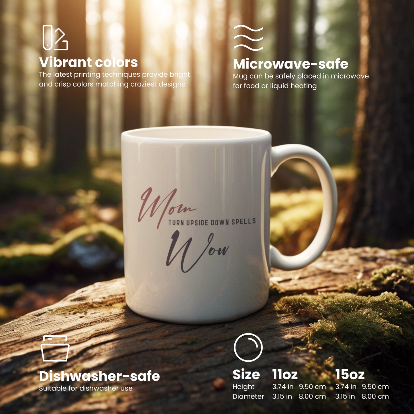"MOM Turn Upside Down Spells WOW" mug