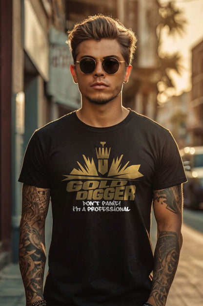 Unleash your confidence and humor with our "Gold Digger Don't Panic! I'm A Professional" Typography Quote Design Men's T-Shirt.